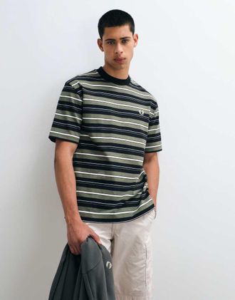 Fred Perry T-shirt a righe pesante in nero e kaki-Multicolore