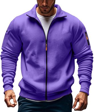 Generic Men Fleece Jumper Mens Fleece Jackets Full Zip Long Sleeve Solid Color Military Tactical Cargo Sweatshirts Stand Collar Stretchy Sportwears Windbeaker