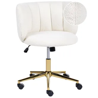 Beliani Silla De Escritorio Retro Para Oficina Con Base Giratoria Respaldo Reclinable Altura Ajustable Estructura De Hierro Dorada Tapizado De Boucl&eacute; Blanco P