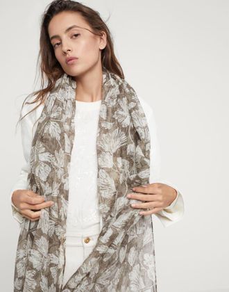 Brunello Cucinelli Brunello Cucinelli Womens Floral Print Silk Scarf - Light Grey Linen - One Size