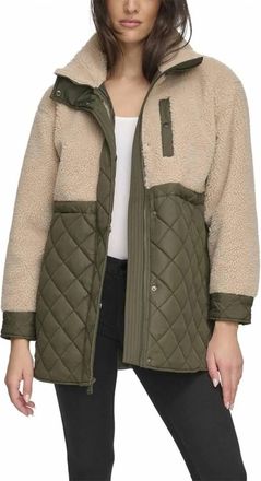 Andrew Marc Sherpa Trim Longline Jacket In Beige