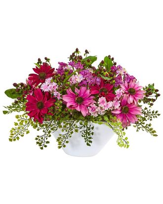 Nearly Natural Daisy Artificial Arrangement in White Vase