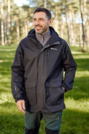 Mountain Warehouse Glacier II Mens Long Jacket Waterproof Breathable Hiking Everyday Coat Black