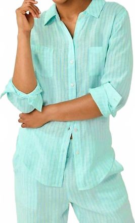 Lilly Pulitzer Sea View Button Down Shirt In Mint Condition X Capri Blue Saint Tropez Stripe
