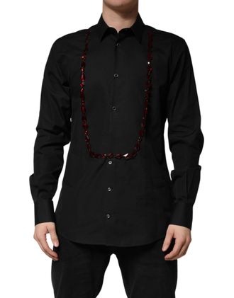 Dolce & Gabbana Black Crystal GOLD Formal Cotton Dress Mens Shirt (Pre-Owned)