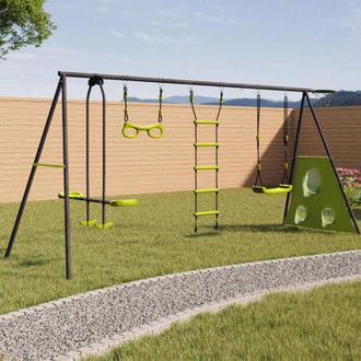 IDMarket Idmarket - P&oacute;rtico De Columpio De 4 Aparatos Con Columpio Cara A Cara Escalera Trapecio Canasta De Baloncesto Y Porter&iacute;as De F&uacute;tbol