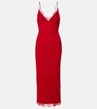 Alex Perry Lace-trimmed suede midi dress