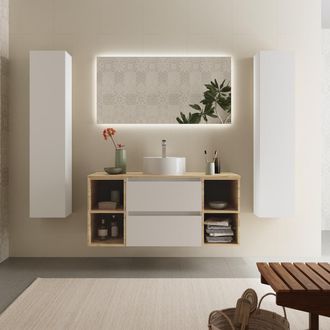 Cygnus Bath Mueble Ba&ntilde;o Bequia 120 Cm Blanco Y 2 Coquetas Laterales Roble Con Lavabo