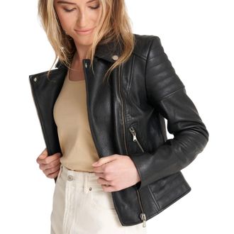 Barneys Womens Real Leather Asymmetric Biker Jacket with Shoulder and Waist Detailing | Size 22