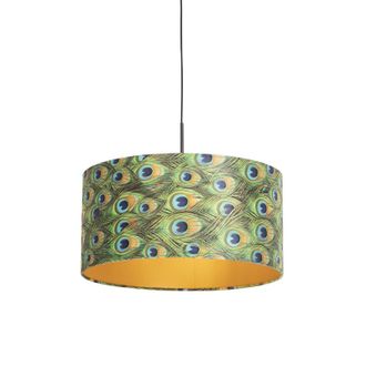 QAZQA Cl&aacute;sico/antiguo L&aacute;mpara Colgante Con Pantalla De Terciopelo Pavo Real Con Dorado 50 Cm - Combi Textil /acero Cil&iacute;ndra /alargada /redonda Adecuado Para