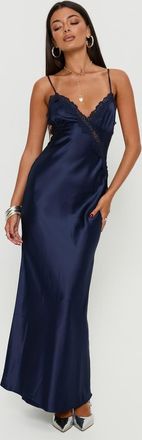 Princess Polly Madelene - Vestito lungo con spalline sottili in raso blu navy con finiture in pizzo