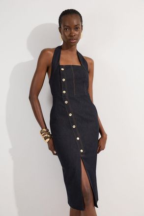 Karen Millen Womens Tailored Denim Halter Neck Pencil Midi Dress - Indigo Blue Cotton - Size 6 UK