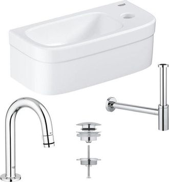GROHE Euro fonteinset 37x18cm 1 kraangat zonder overloop gebogen chromen kraan sifon afvoerplug fontein Rechthoek wit