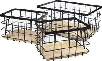 Happimess Evvie Vintage Farmhouse Handmade Wire Metal Nesting Storage Baskets with Wood Base, Black/Natural (Set of 3)