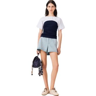 Maje Pleated jersey top in White/navy at Nordstrom, Size X-Small