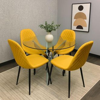 Kosy Koala Round Glass Dining Table Set With 4 Mustard Gem Pattern Chairs Dining Room Furniture