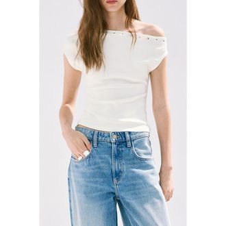 Mango Asymmetrical Studded T-Shirt in Off White at Nordstrom, Size Medium