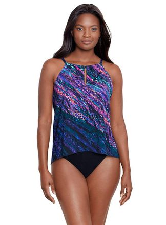 Miraclesuit Womens Swimwear Peephole High Neckline Soft Cup Tankini Bathing Suit Top, Mood Ring Multi, 16