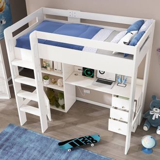 Merax White Mid Sleeper Cabin Bed Loft Bed with Desk & Storage 90 x 190 cm | Size: Single