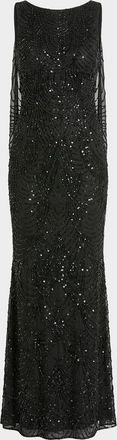 Mac Duggal Beaded Cowlback Mesh Column Gown