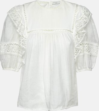 Sandro White Ramie Lace Trim Ruffled Top