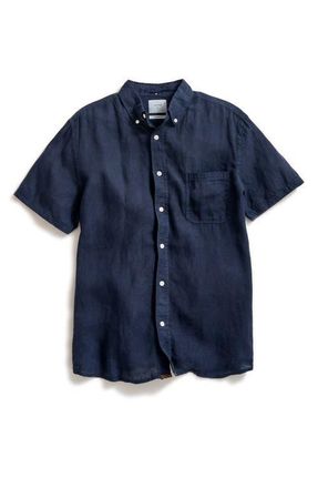 Billy Reid Tuscumbia Standard Fit Short Sleeve Linen Button-Down Shirt in Carbon Blue at Nordstrom, Size X-Large