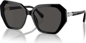 Swarovski Womens Oval With Crystal Embellish Sunglasses In 100187 - Black/ Dark Grey