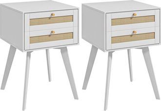 HOMCOM Homcom - Conjunto de 2 mesitas de noche mesillas de noche estilo cannage con 2 cajones y elemento de rat&aacute;n para dormitorio sal&oacute;n 40x40x60 cm blanco