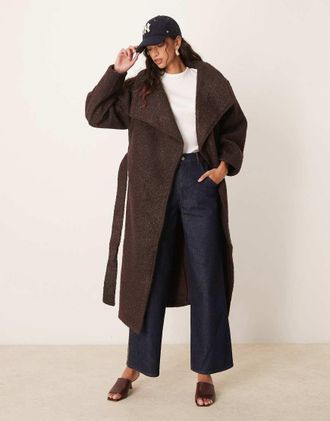Gina Tricot Gina Tricot belted wrap midi coat with funnel neck in brown