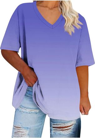 Generic Womens T Shirts Short Sleeve V Neck Loose Summer Tees Basic Tops with Pocket Gradient Blouse