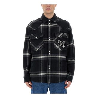 Palm Angels Light Jackets, male, Gray, Size: L Monogram Check Overshirt