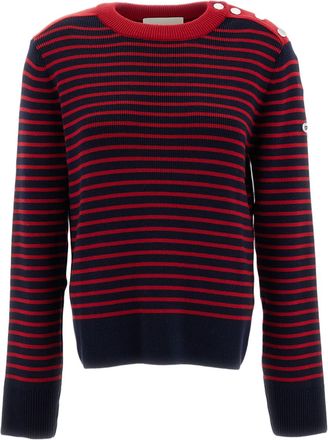 Ami Blue/Red Horizontal Striped Wool Crewneck Sweater