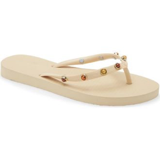 Arezzo Stone Embellished Flip Flop in Cream at Nordstrom, Size X-Large