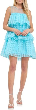 English Factory Grid Pattern Tiered Organza Minidress in Aqua at Nordstrom Rack, Size X-Small