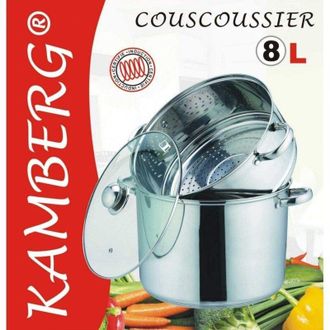 None KAMBERG Couscoussiera, Vaporira, Pentola 3 en 1, Diametro 24 cm, 8 Litri, Acciaio Inox, Coperchio in Vetro, Tutti Fornelli y induzione