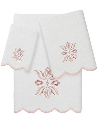 Linum Home Textiles 100% Turkish Cotton Flower Crest Scallop 3Pc Embellished Towel Set