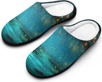 Generic Whimsical Forests Sparkling Fireflie Mens Warm Slippers Non-Slip Sole Winter Rubber Cotton Shoes for Bedroom