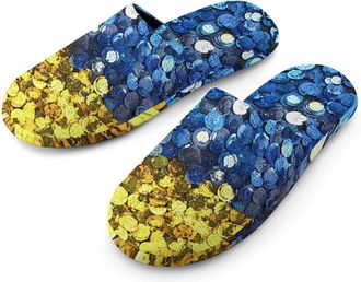 Generic Sequin Pattern Ukraine Flag Flannel Mens Slip-on Slippers Winter Warm House Shoes with Rubber Sole for Home Hotel