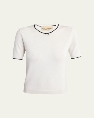 Valentino Garavani V-Logo Bow Short-Sleeve Wool Sweater