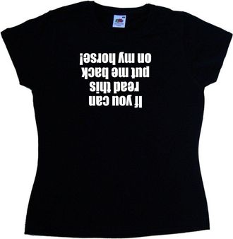 Tee Tree Designs If You can Read This Put me Back on My Horse Funny Black Ladies Fitted T-Shirt (White Print)-Size 8