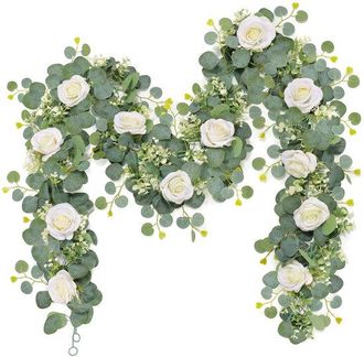 OEM Corona De Eucalipto Artificial, Corona Artificial, Rosas Blancas, Guirnaldas Florales, 190 Cm, Con Flores, Corona Verde Artificial, Verde