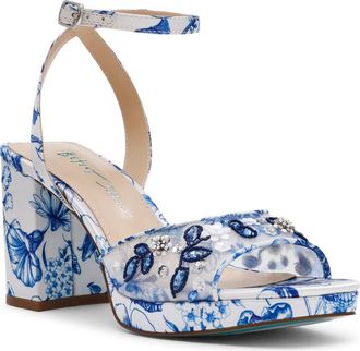 Betsey Johnson Brody Ankle Strap Platform Sandal in White/Blue Floral at Nordstrom, Size 6.5
