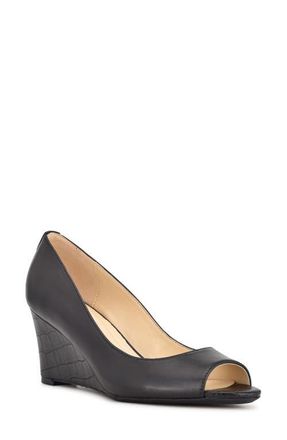Nine West Cape Peep Toe Wedge in Black Leather at Nordstrom, Size 5.5