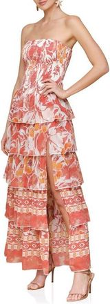 Avec Les Filles Mixed Print Strapless Tiered Maxi Dress in Poppy Lilly at Nordstrom, Size Large