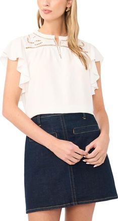 Vince Camuto Embroidered Ruffle Sleeve Top in New Ivory at Nordstrom, Size X-Large