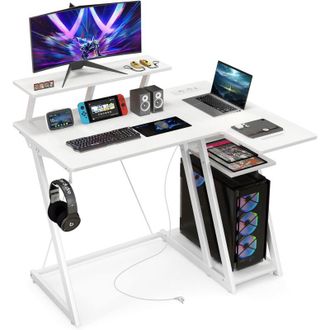 Costway Costway Escritorio Esquinero 99x80cm, Toma De Corriente Y 2 Puertos Usb, Escritorio En L Con Estante Para Monitor, Gancho Para Auriculares Y Estante D