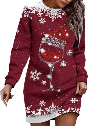 Generic Christmas Dresses for Women Ladies Christmas Dress Long Sleeve Jumper Dress for Women UK Round Neck Xmas Graphic Print Woman Dresses Winter Casualdres
