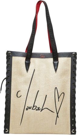 Christian Louboutin Beige Black Red Color Leather Raffia Tote Bag (Pre-Owned)