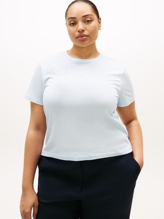 Tommy Hilfiger T-Shirt TOMMY HILFIGER CURVE CRV REG CORP LOGO C-NK SS, Damen, Gr. 48, keepsake blau, Single Jersey, Obermaterial: 100% Baumwolle, bedruckt, regular f