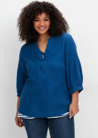 Sheego Longbluse SHEEGO, Damen, Gr. 40, blau (blaubeere), 100% Baumwolle, unifarben, V-Ausschnitt, Blusen Longbluse